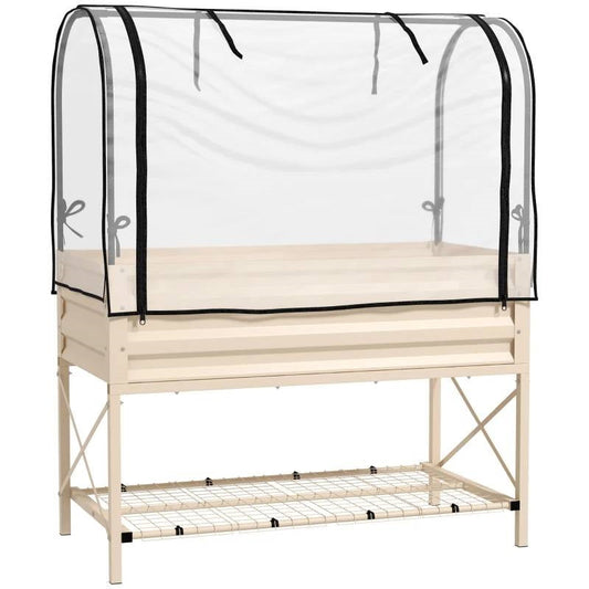 Cream Elevated Metal Raised Garden Bed w/ Greenhouse Cover, ideal for growing plants with UV protection and high humidity environment.
