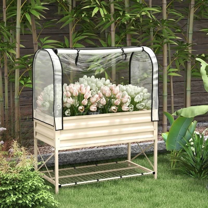 Cream Elevated Metal Raised Garden Bed w/ Greenhouse Cover with tulips in a garden setting