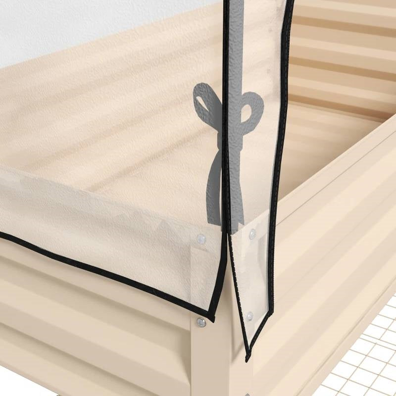 Cream Elevated Metal Raised Garden Bed w/ Greenhouse Cover corner close-up
