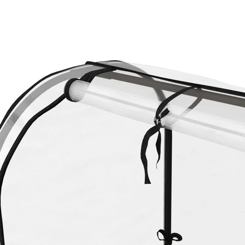 Cream Elevated Metal Raised Garden Bed w/ Greenhouse Cover detail showing cover structure and tie straps