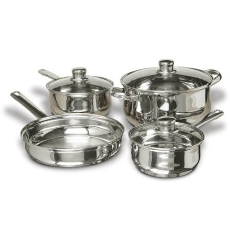 7-Piece Stainless Steel Cookware Set with Tempered Glass Lids featuring Dutch oven, saucepans, and fry pan on display.