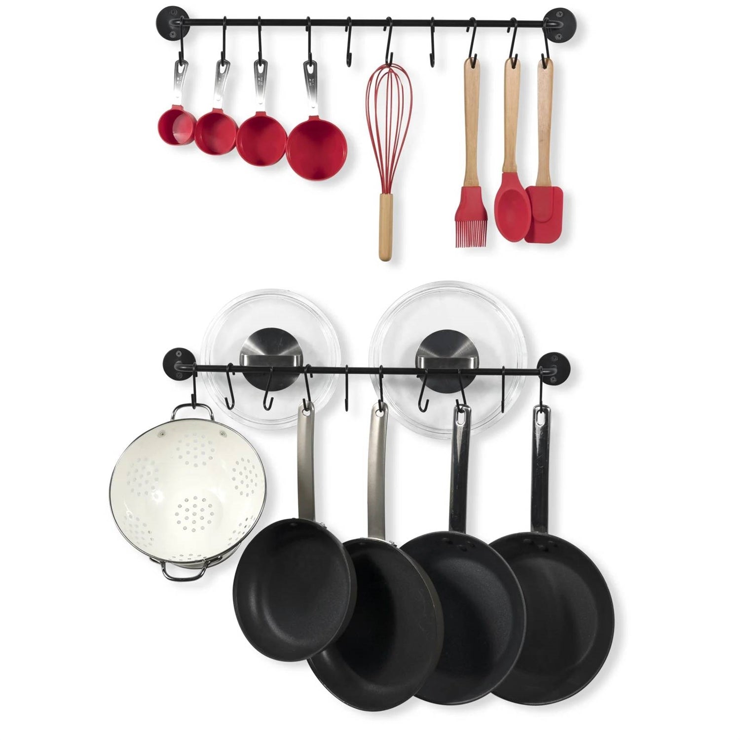 Set of 2 - Black Metal Wall Mounted Pot Rack with 20 Hanging Hooks displaying cookware and utensils