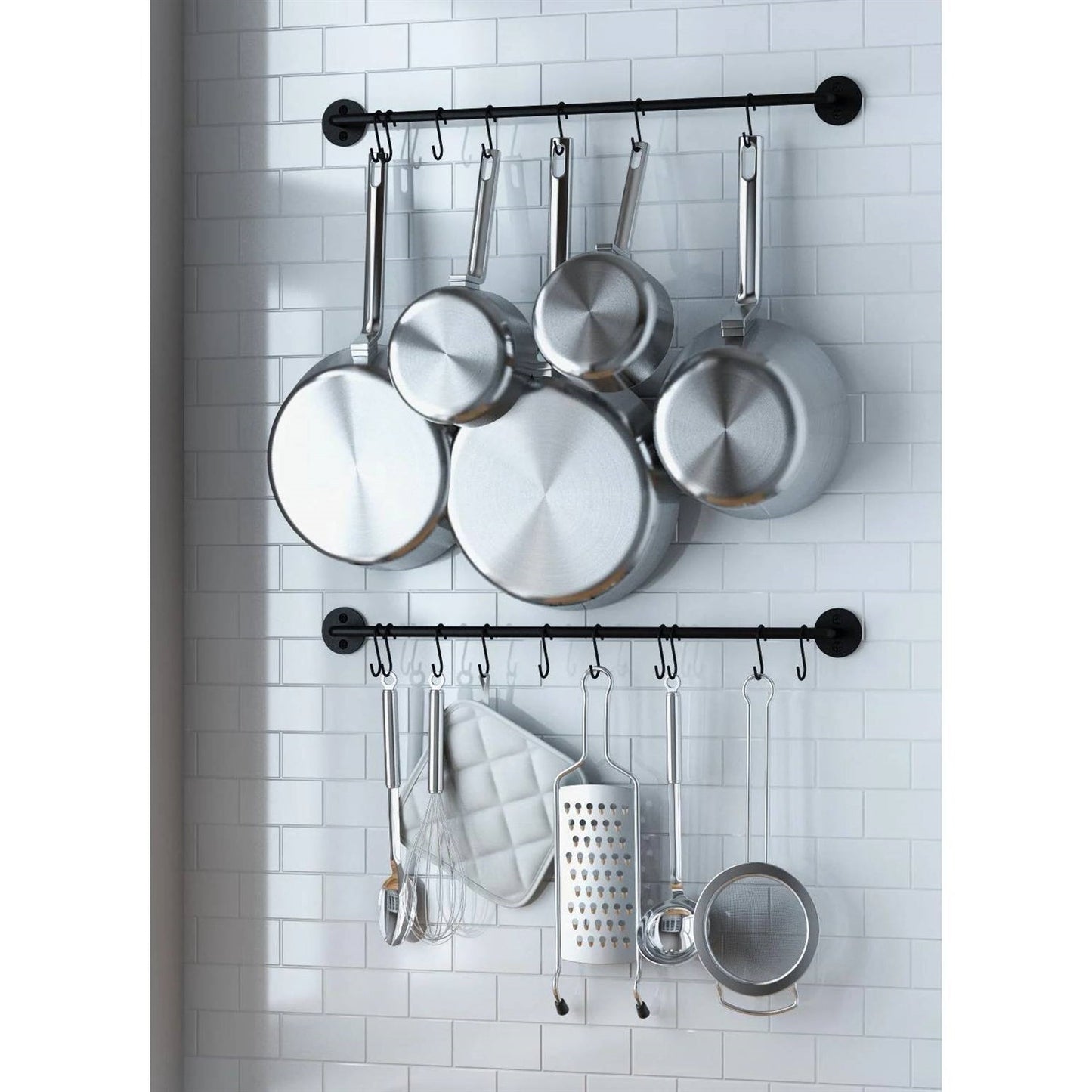 Set of 2 - Black Metal Wall Mounted Pot Rack with 20 Hanging Hooks installed in a kitchen holding pots and kitchen utensils.