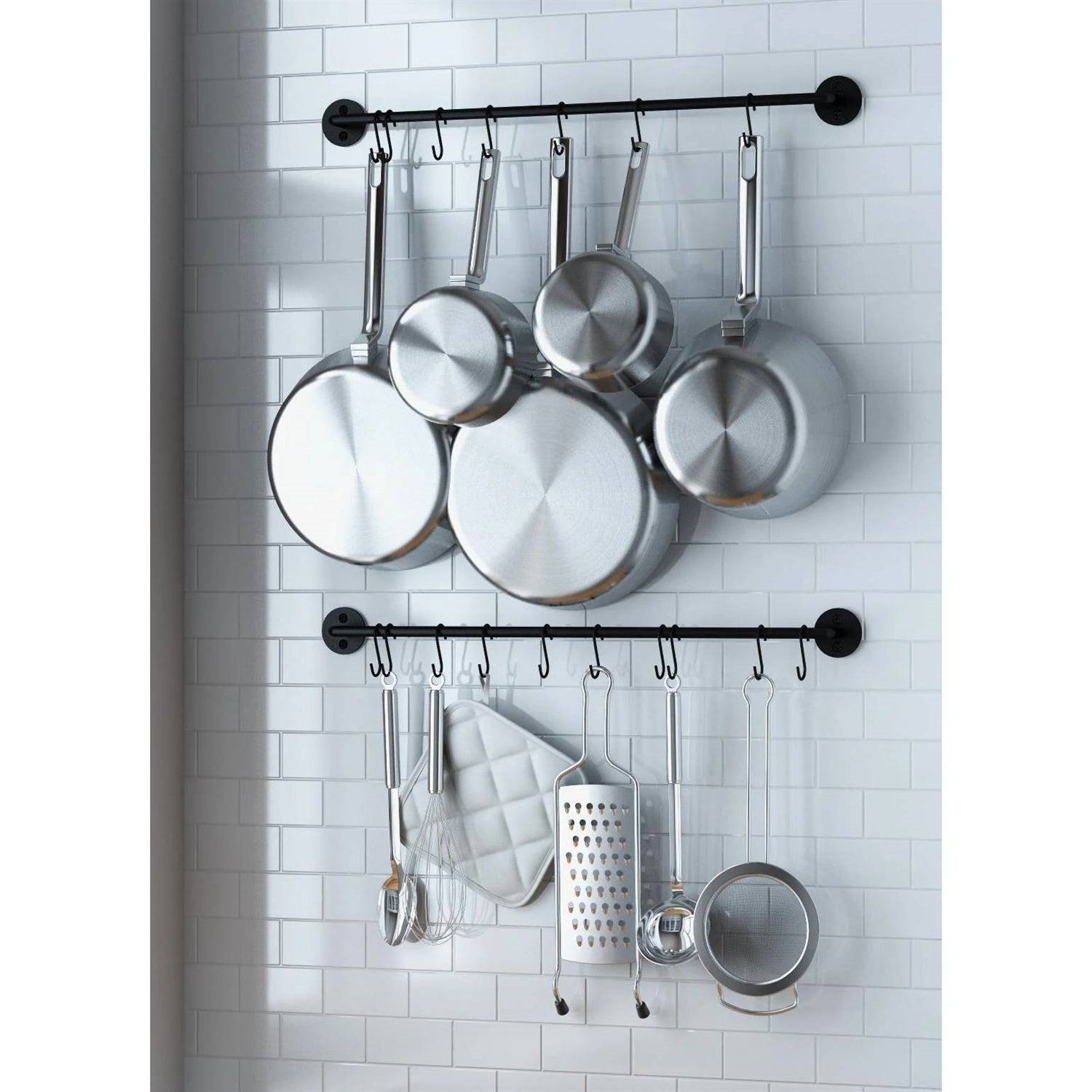 Set of 2 - Black Metal Wall Mounted Pot Rack with 20 Hanging Hooks installed in a kitchen holding pots and kitchen utensils.