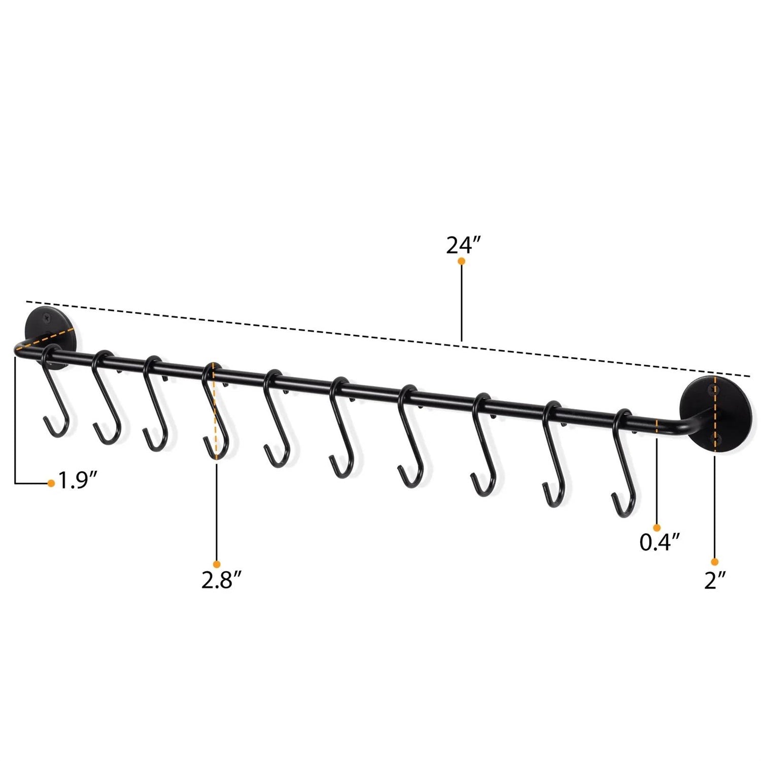 Set of 2 - Black Metal Wall Mounted Pot Rack with 20 Hanging Hooks showing detailed dimensions for kitchen storage.