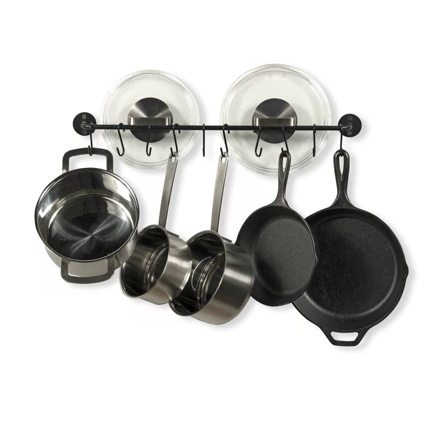 Set of 2 - Black Metal Wall Mounted Pot Rack with 20 Hanging Hooks displaying pots and pans