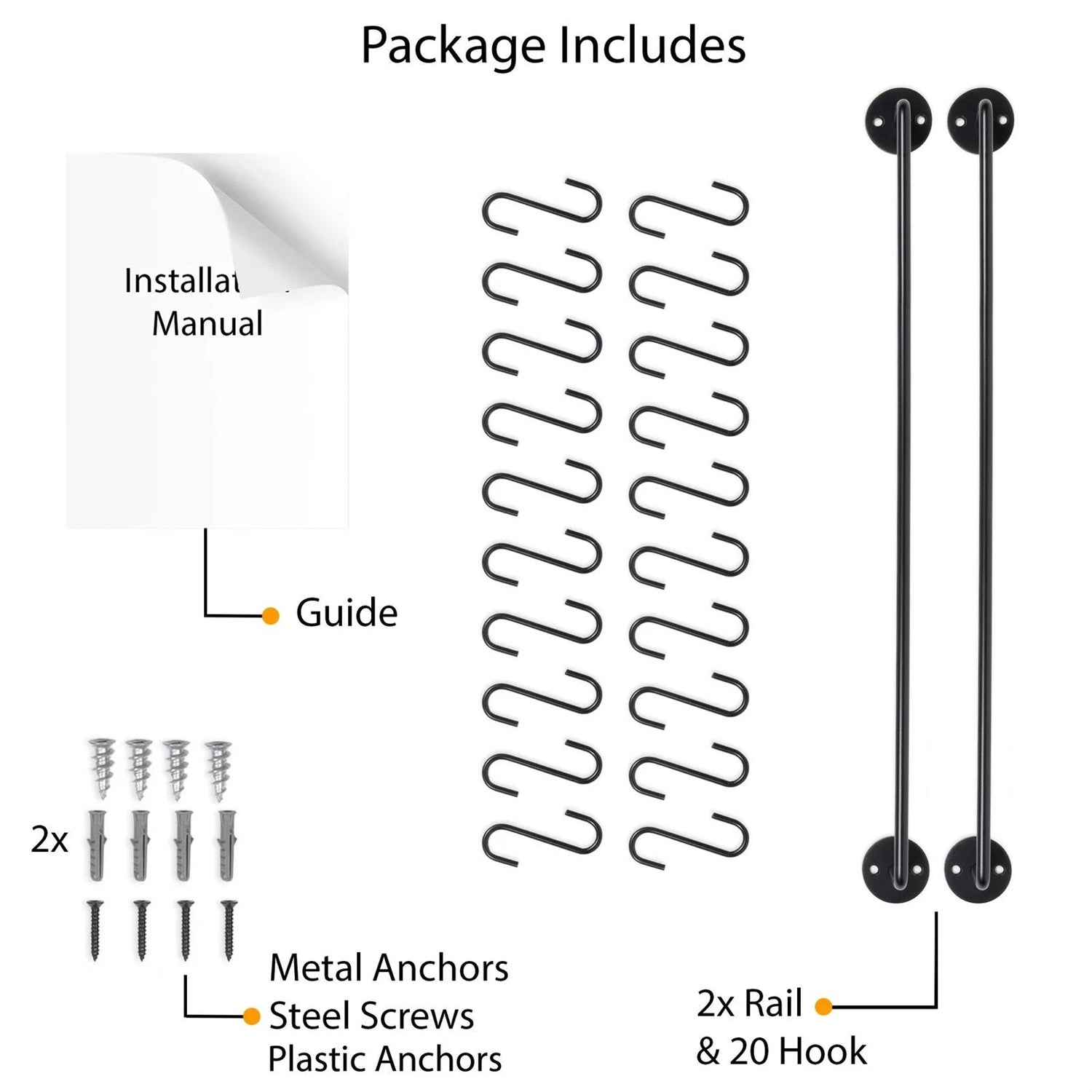 Package contents of Set of 2 - Black Metal Wall Mounted Pot Rack with 20 Hanging Hooks, including rails, hooks, screws, and manual.