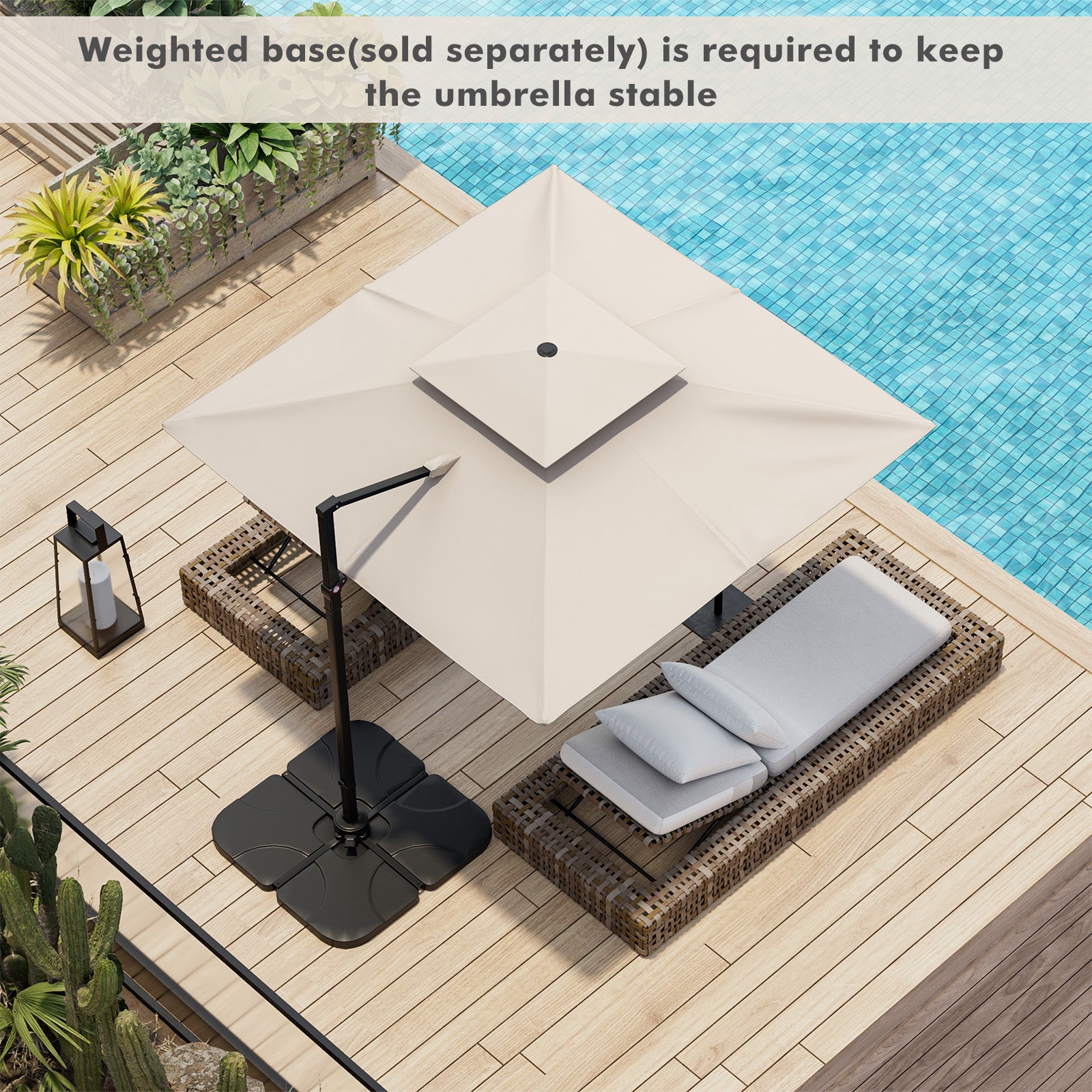 9.5 Feet Cantilever Patio Umbrella with 360° Rotation and Double Top-Beige providing shade over poolside furniture on wooden deck