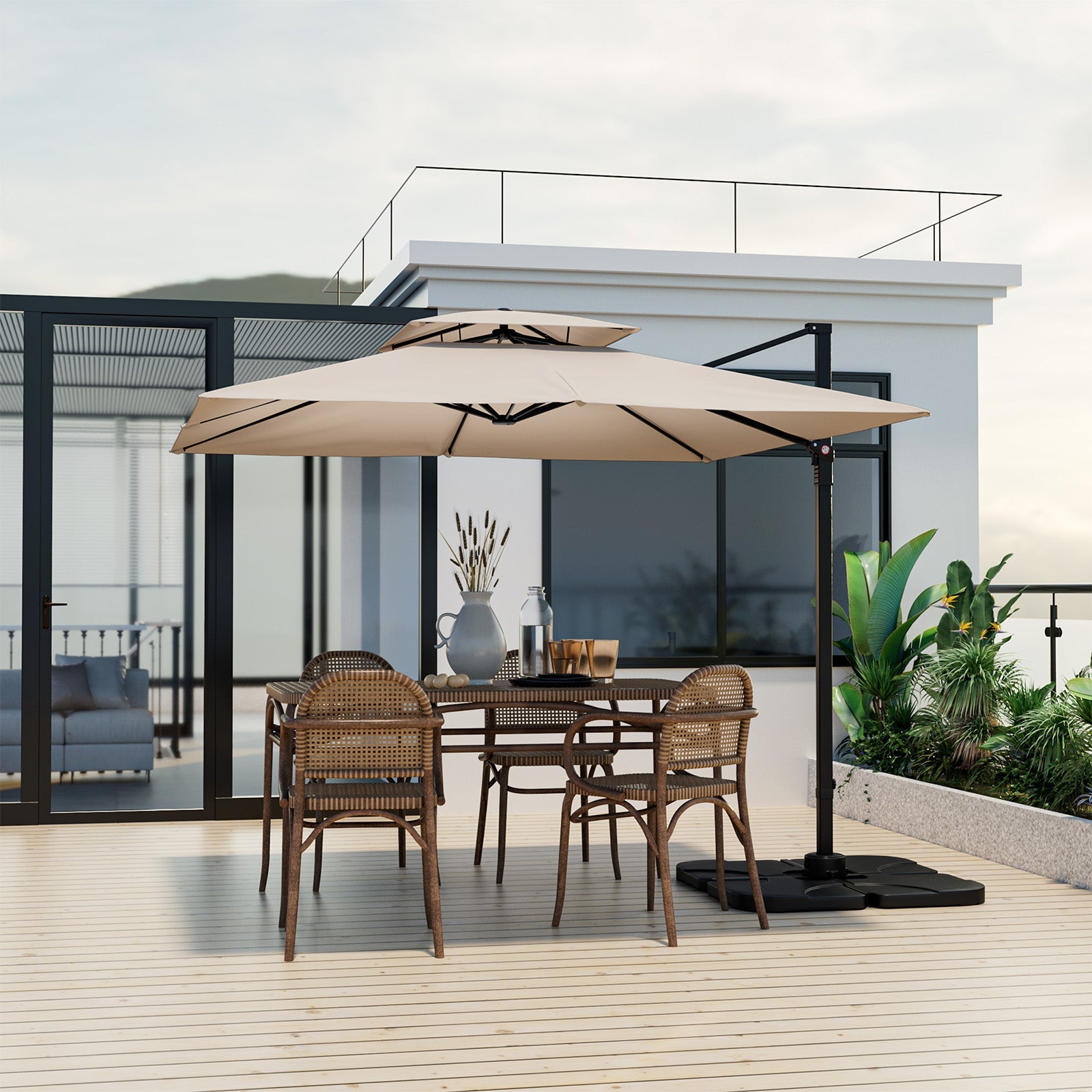 9.5 Feet Cantilever Patio Umbrella with 360° Rotation and Double Top-Beige on a stylish patio setting