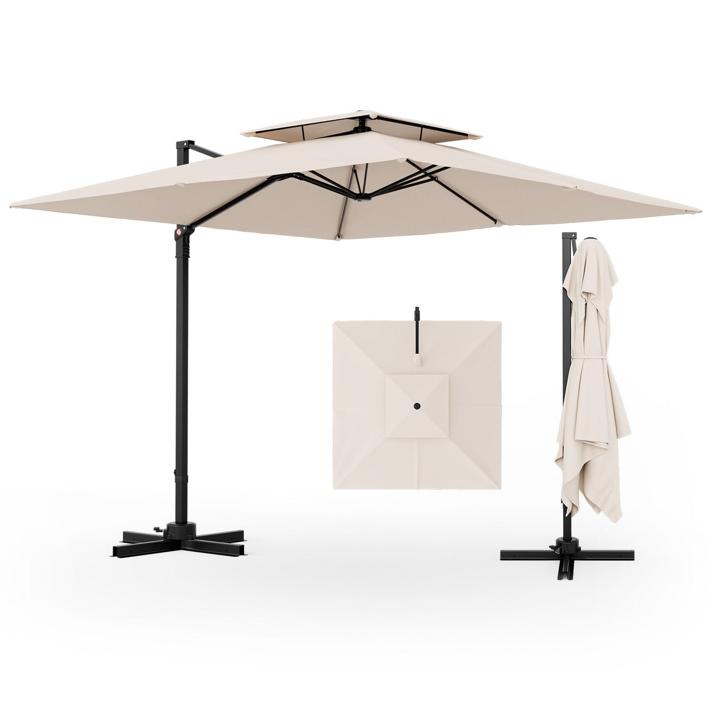 9.5 Feet Cantilever Patio Umbrella with 360° Rotation and Double Top-Beige, featuring rustproof aluminum pole and vented top.