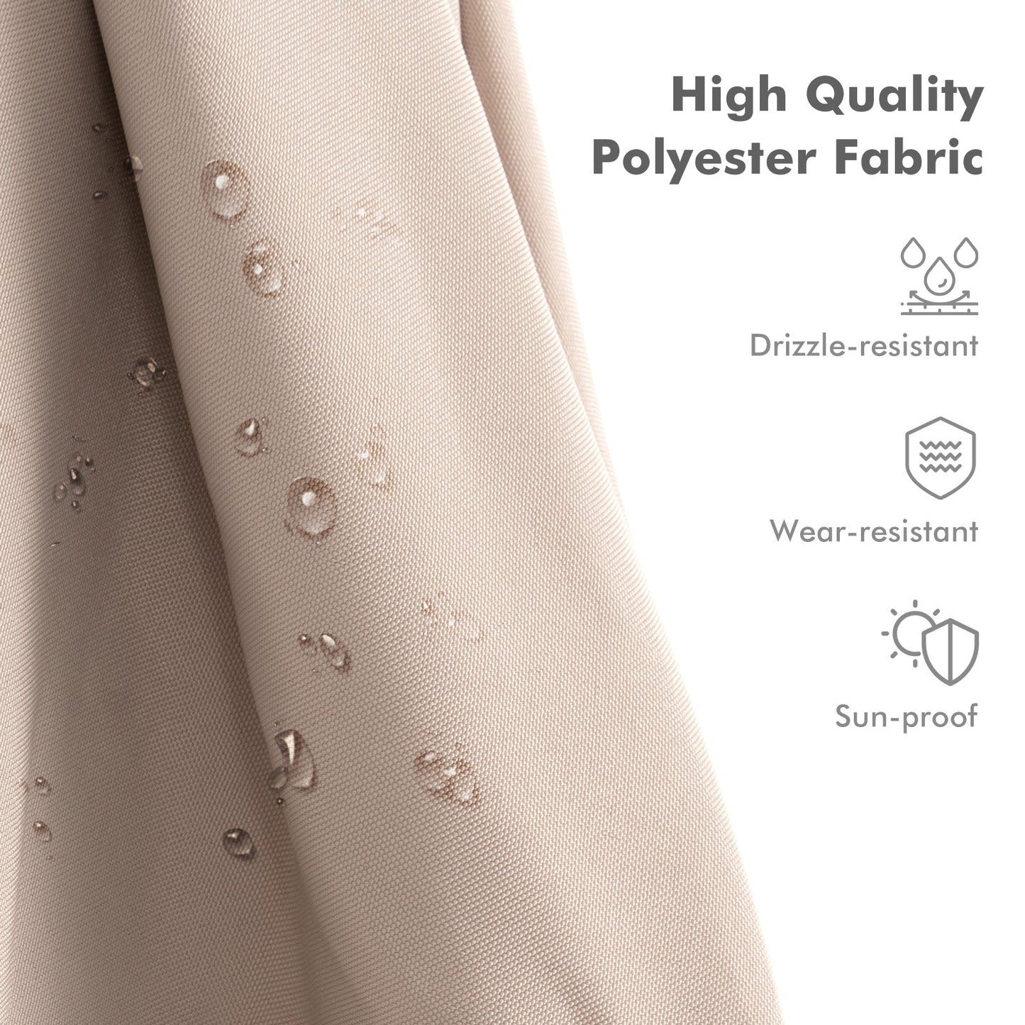 High quality polyester fabric on 9.5 Feet Cantilever Patio Umbrella with 360° Rotation and Double Top-Beige, drizzle and sun-proof.