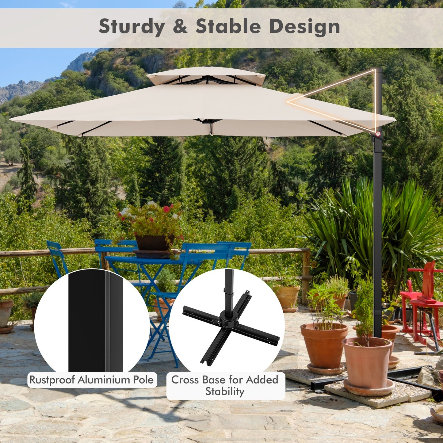 9.5 Feet Cantilever Patio Umbrella with 360° Rotation and Double Top-Beige showcasing sturdy aluminum pole and cross base in garden setting.