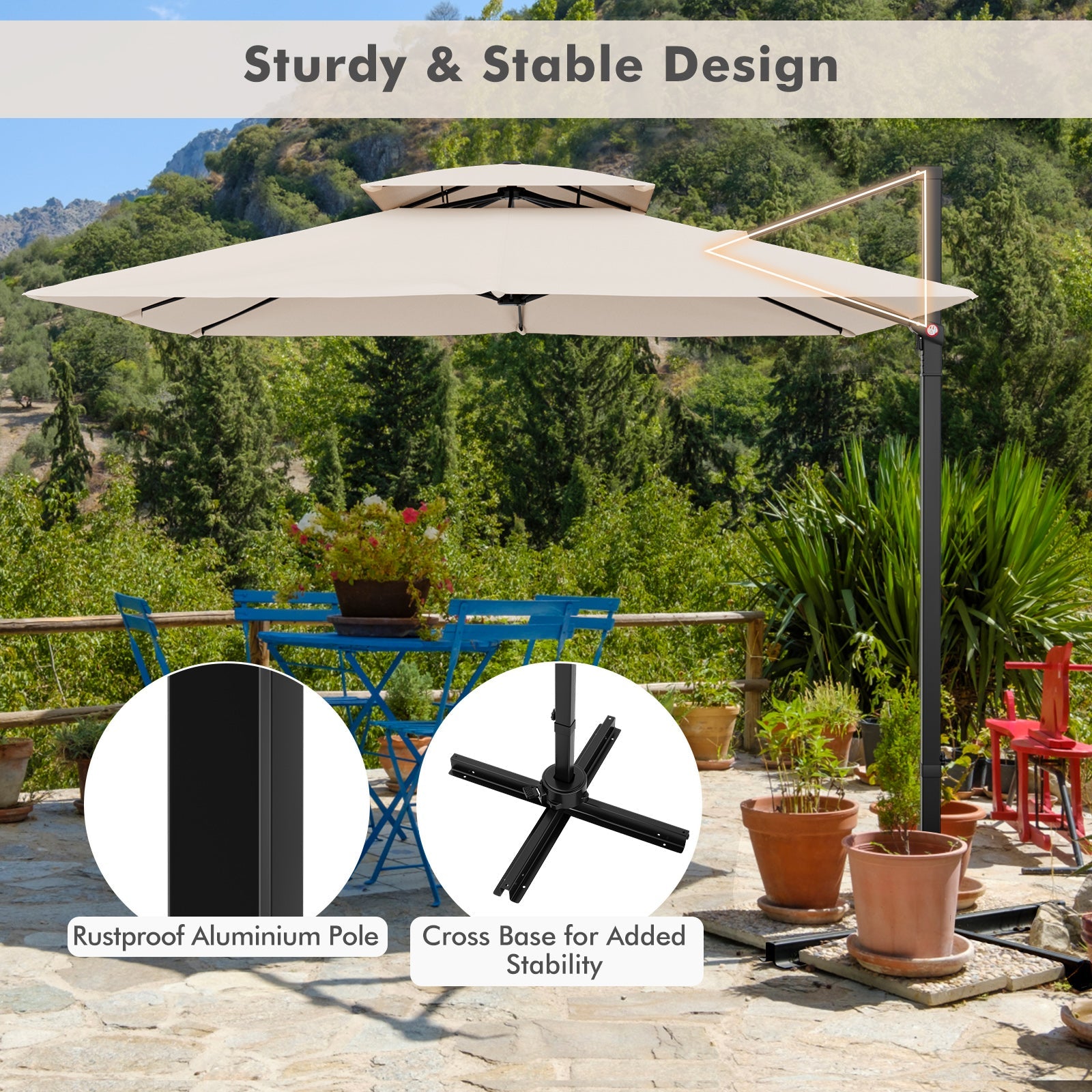 9.5 Feet Cantilever Patio Umbrella with 360° Rotation and Double Top-Beige showcasing sturdy aluminum pole and cross base in garden setting.