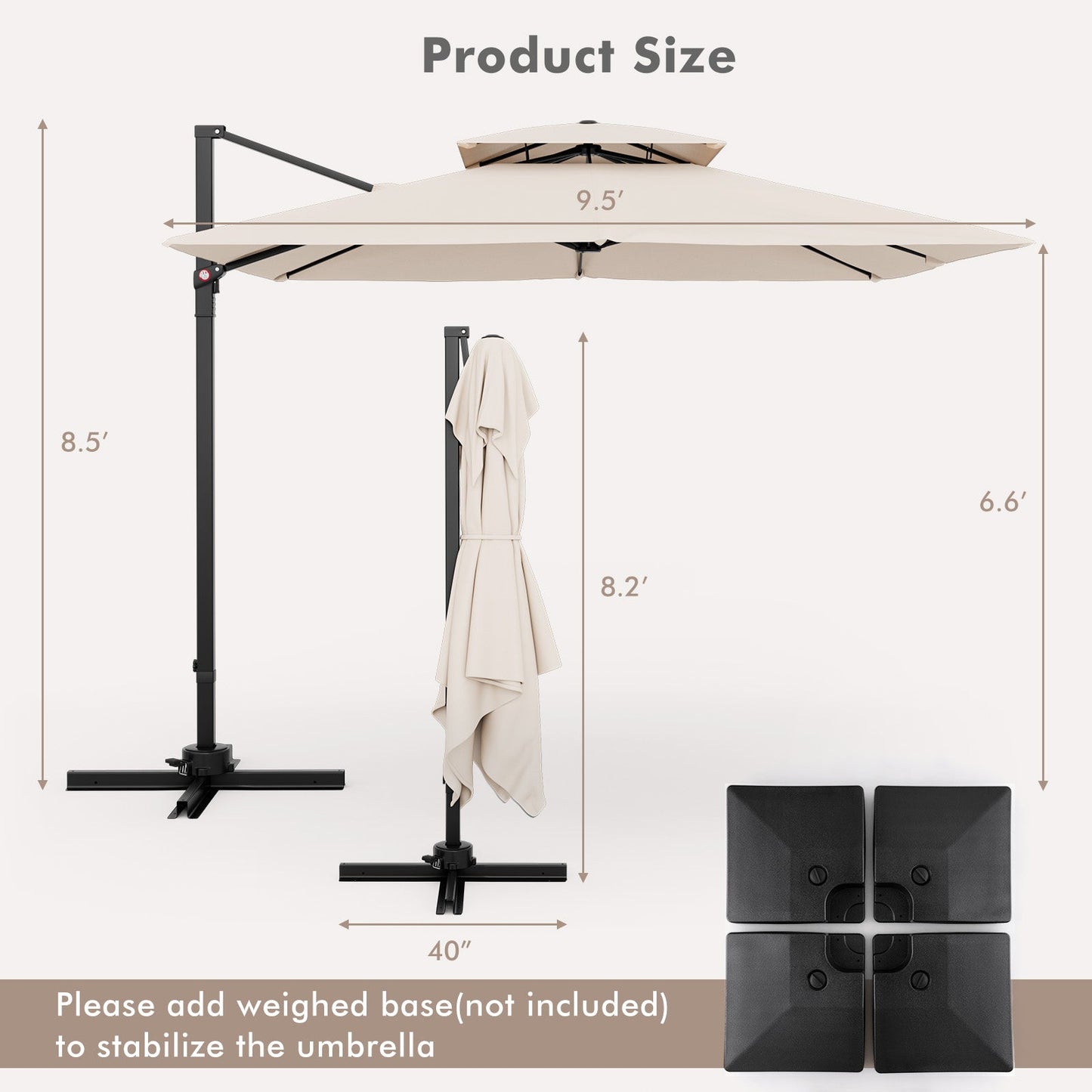 9.5 Feet Cantilever Patio Umbrella with 360° Rotation and Double Top-Beige showing size and dimensions