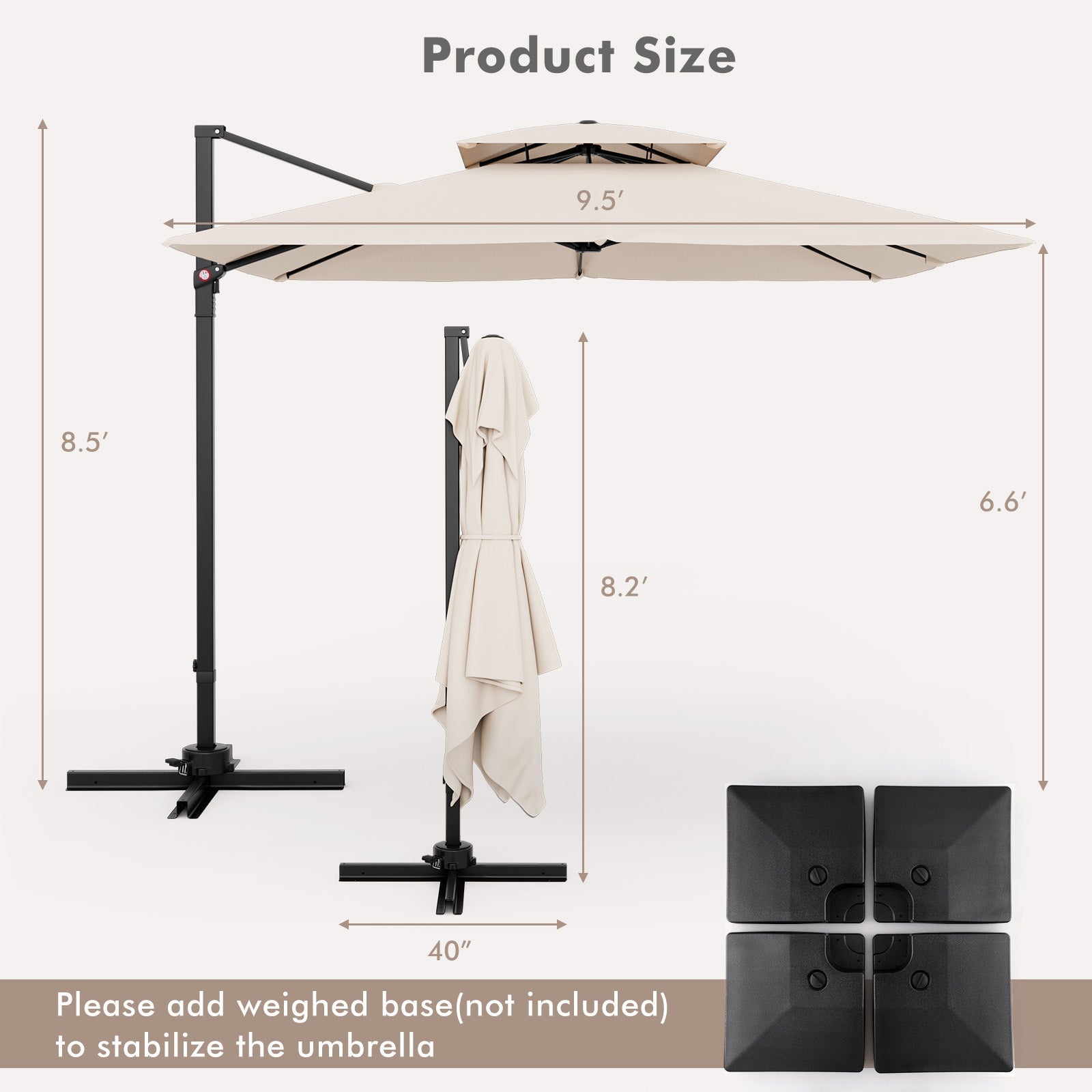 9.5 Feet Cantilever Patio Umbrella with 360° Rotation and Double Top-Beige showing size and dimensions