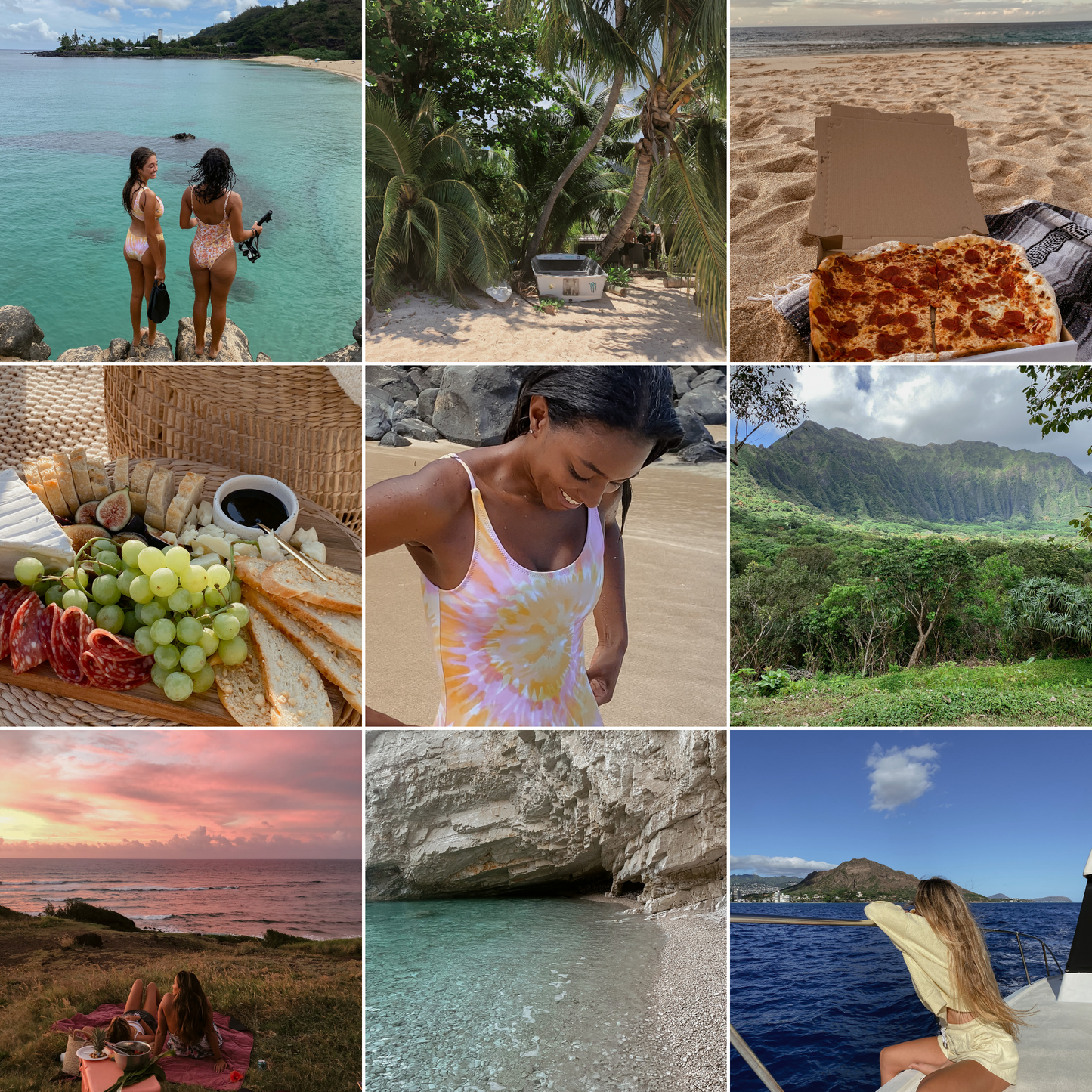 Collage of travel and lifestyle images displaying serene beaches, nature, food, and vibrant summer activities, showcasing the aesthetic filters.