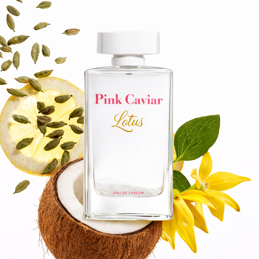 Syren - Pink Caviar Lotus fragrance bottle with notes of Bergamot, Cardamom, and Ylang-Ylang, showcased with coconut and vibrant botanicals.