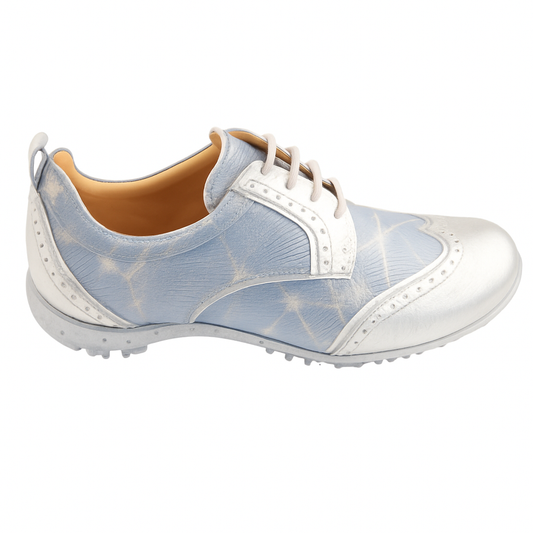 WesTees Grace golf shoe in abstract blue and silver print with lace, breathable cork insole, foam ankle cushioning, and water-resistant design