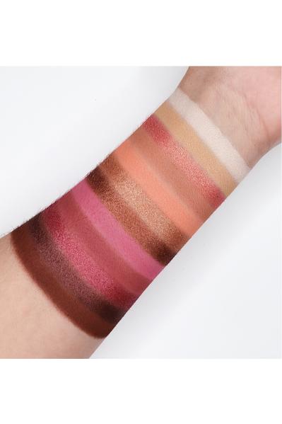 The Cherry Makeup Palette - GES16 swatches showcasing warm-toned mattes, metallics, and micro shimmers on arm skin.