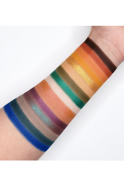 Swatches of Chroma Eyeshadow Palette CL01 showing vibrant jewel tones and neutrals on arm, perfect for makeup enthusiasts.