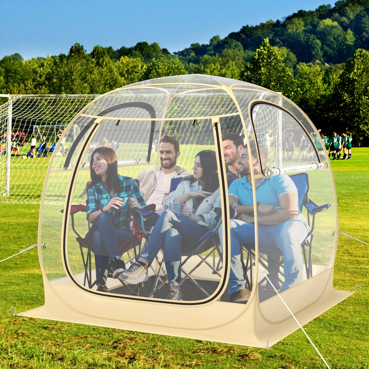 Happy group in Instant Pop up Sports Tent with Carrying Bag and Floor Mat for 1-2/5-6 People-M at an outdoor event