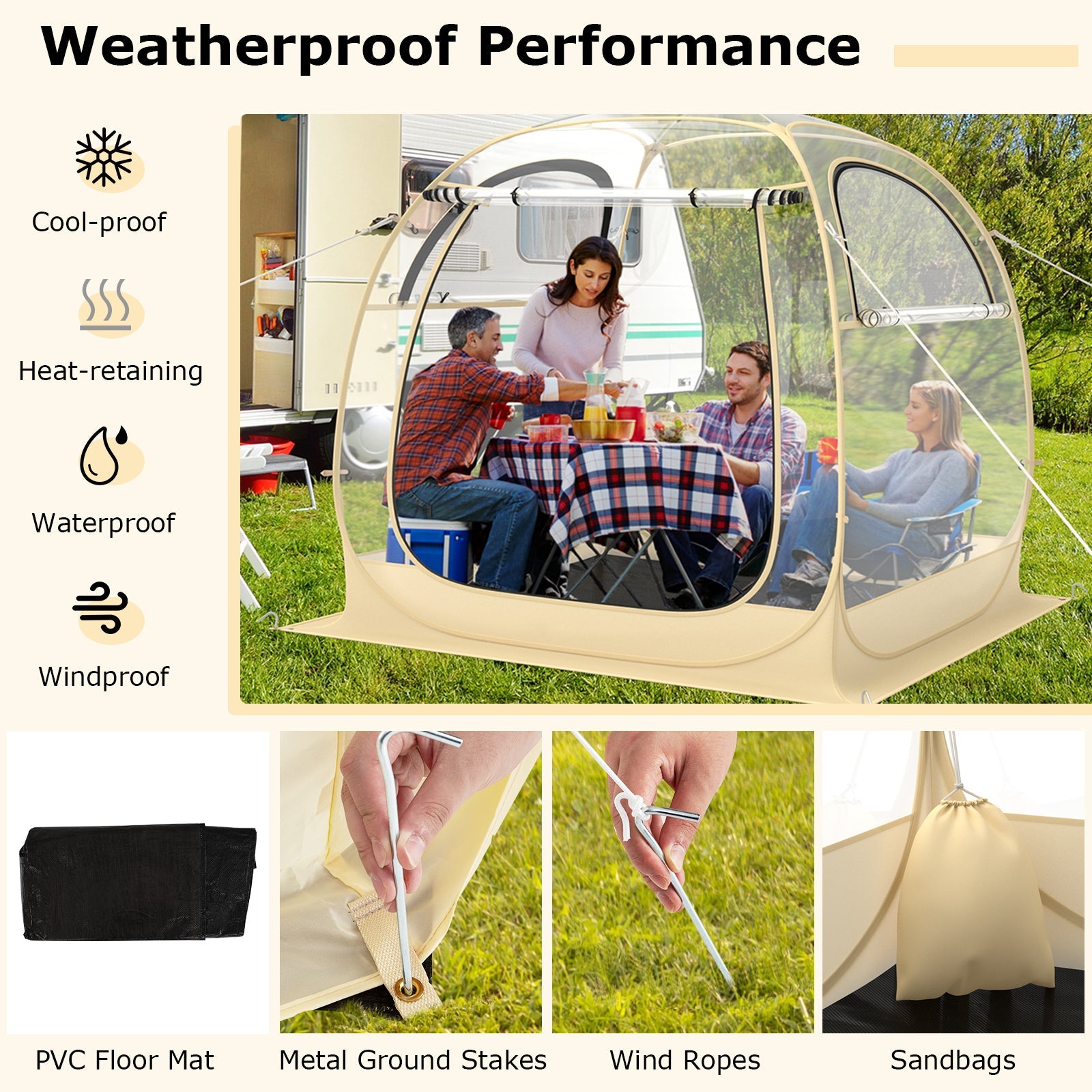 Instant Pop up Sports Tent with Carrying Bag and Floor Mat for 1-2/5-6 People-M, features, design, and components displayed.