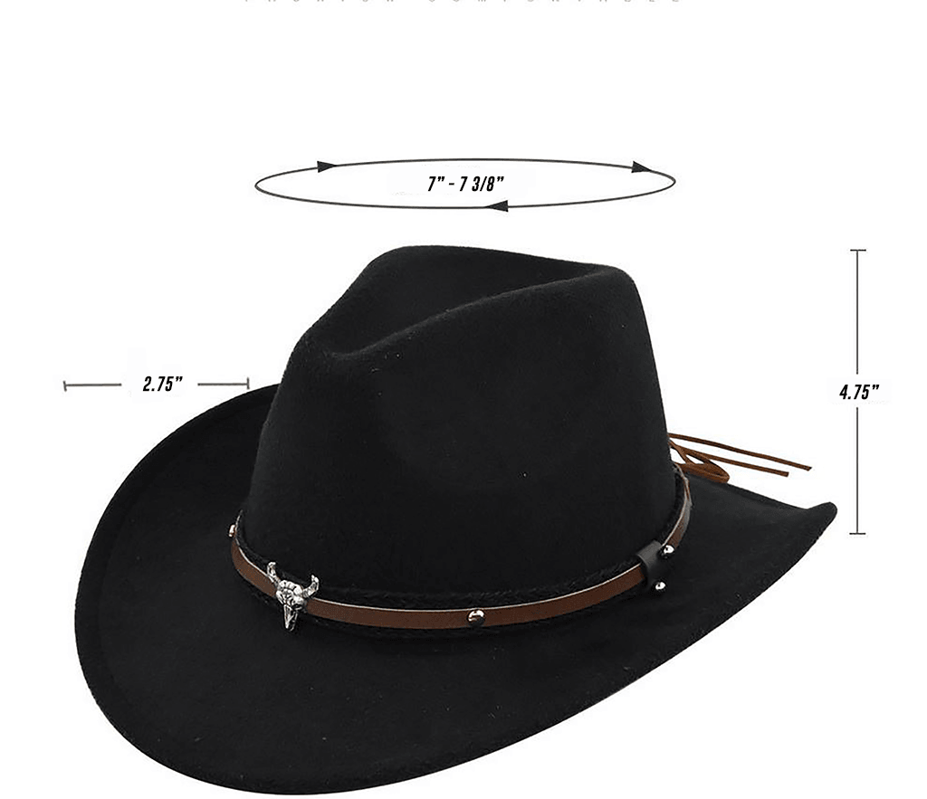 The Cleveland - Classic Bar Cowboy Hat - Wool Felt, Stylish & Durable with leather band and brass accents shown with measurements.
