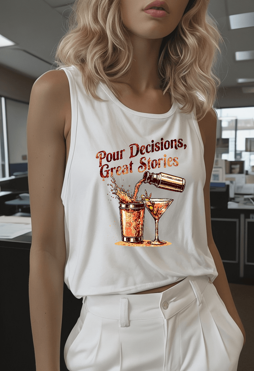 Pour Decisions Womens Racer Back Tank Top with "Pour Decisions, Great Stories" text and drink graphics, perfect for bartenders.