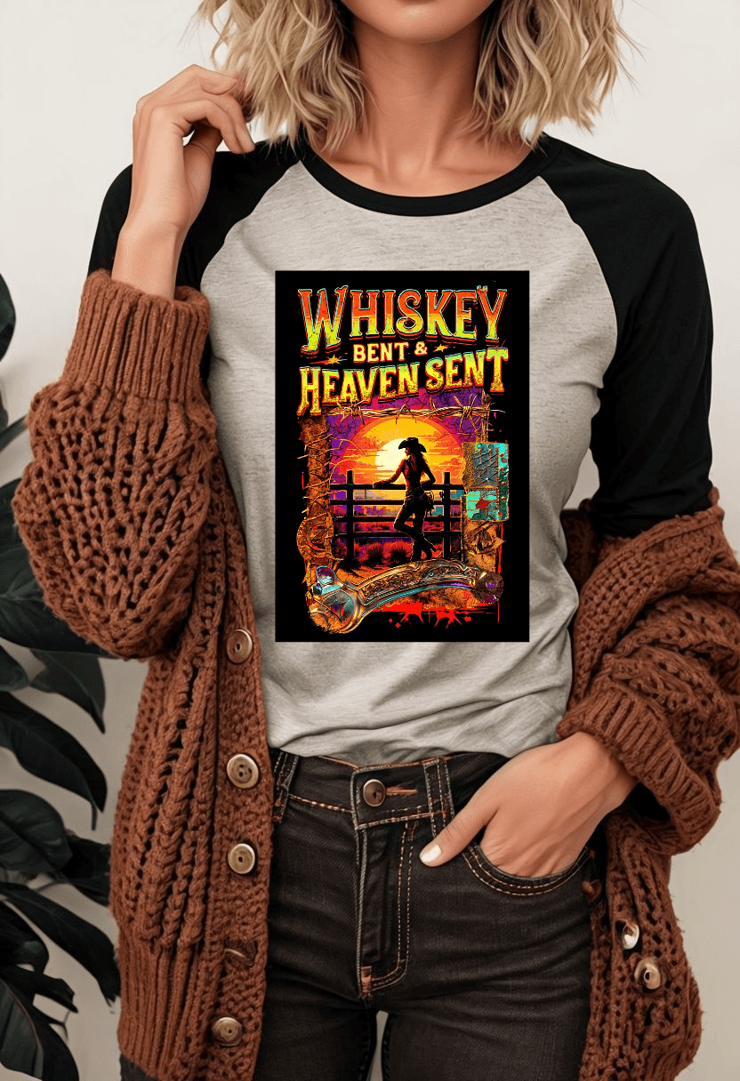 Woman wearing Whiskey Bent and Heaven Sent 3/4 Sleeve Baseball Tee with cowgirl graphic and text, styled with a brown cardigan.