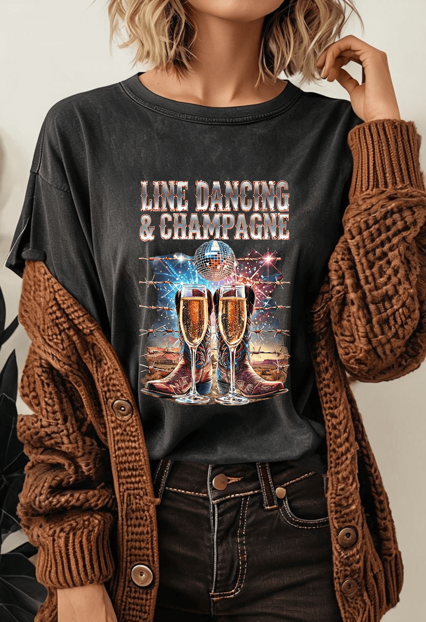 Woman wearing Line Dancing and Champagne T-Shirt with western boots and champagne glasses graphic, perfect for country girls.