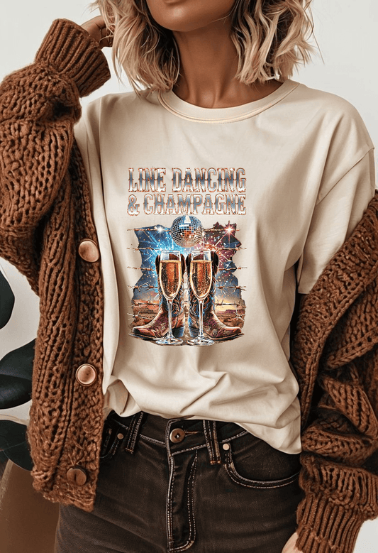Women's Line Dancing and Champagne T-Shirt featuring western boots and champagne graphic.