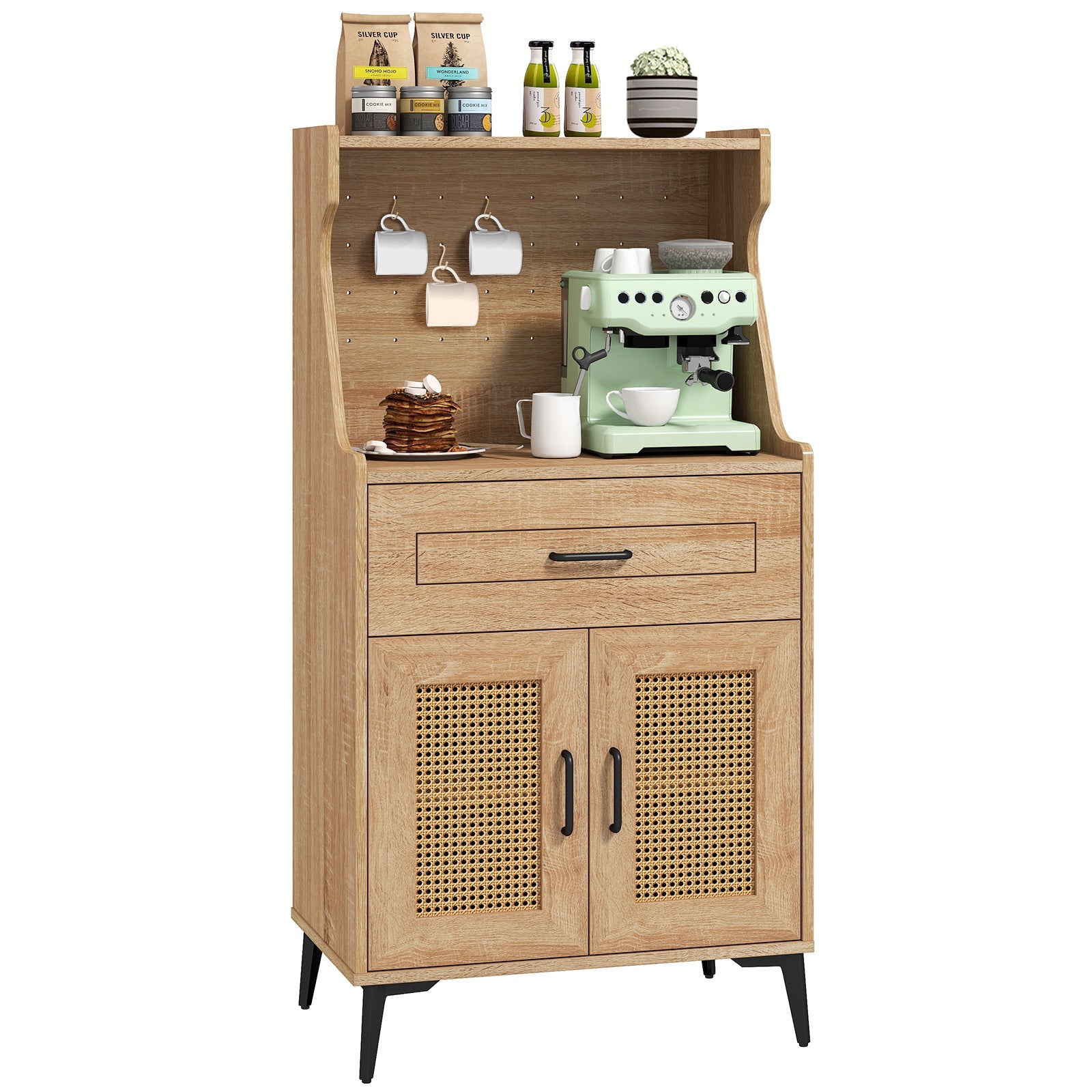 Coffee Bar Cabinet with Pegboard Storage Drawer and Adjustable Shelf-Oak featuring ample storage and sleek round corners.