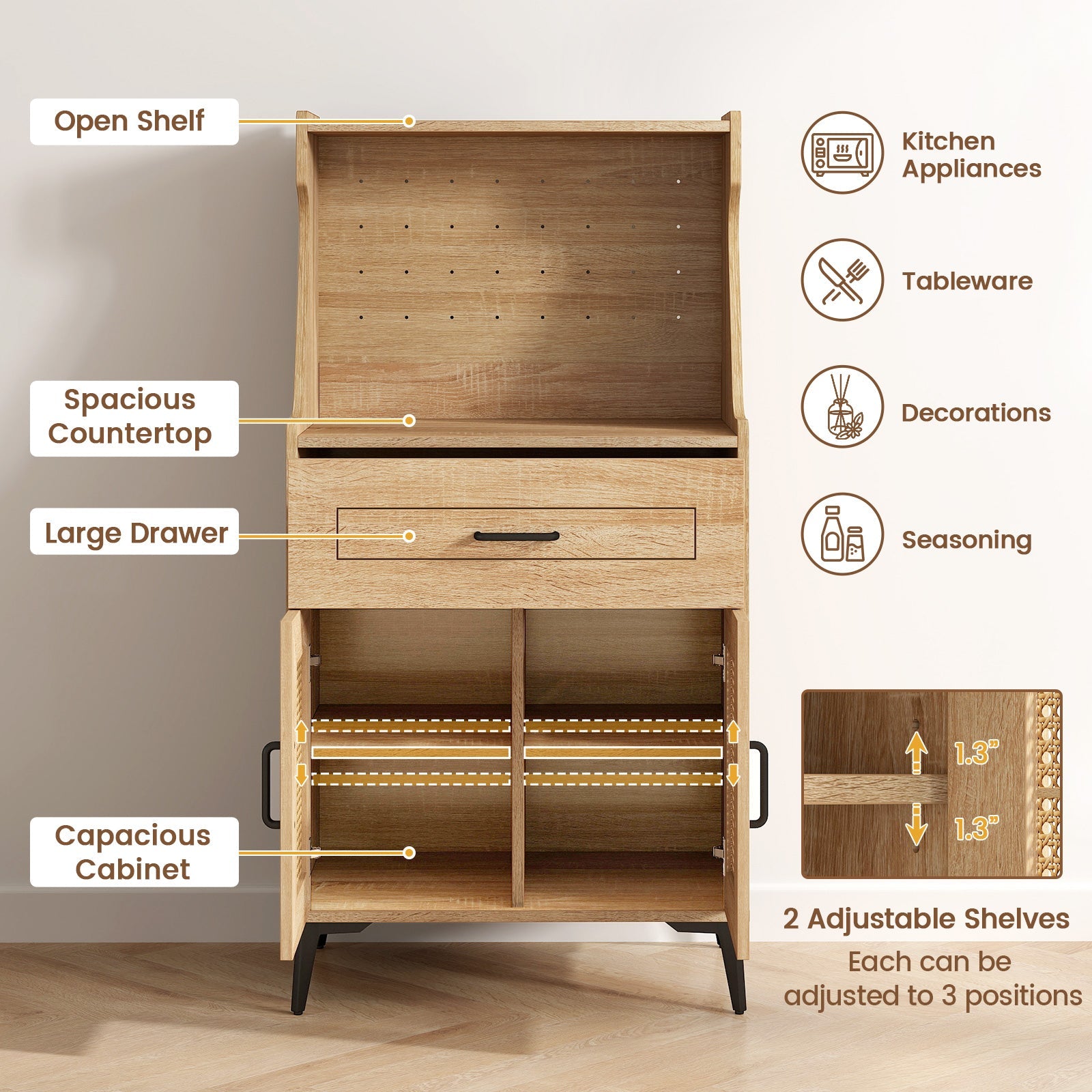 Coffee Bar Cabinet with Pegboard Storage Drawer and Adjustable Shelf-Oak featuring open shelf, large drawer, and spacious countertop