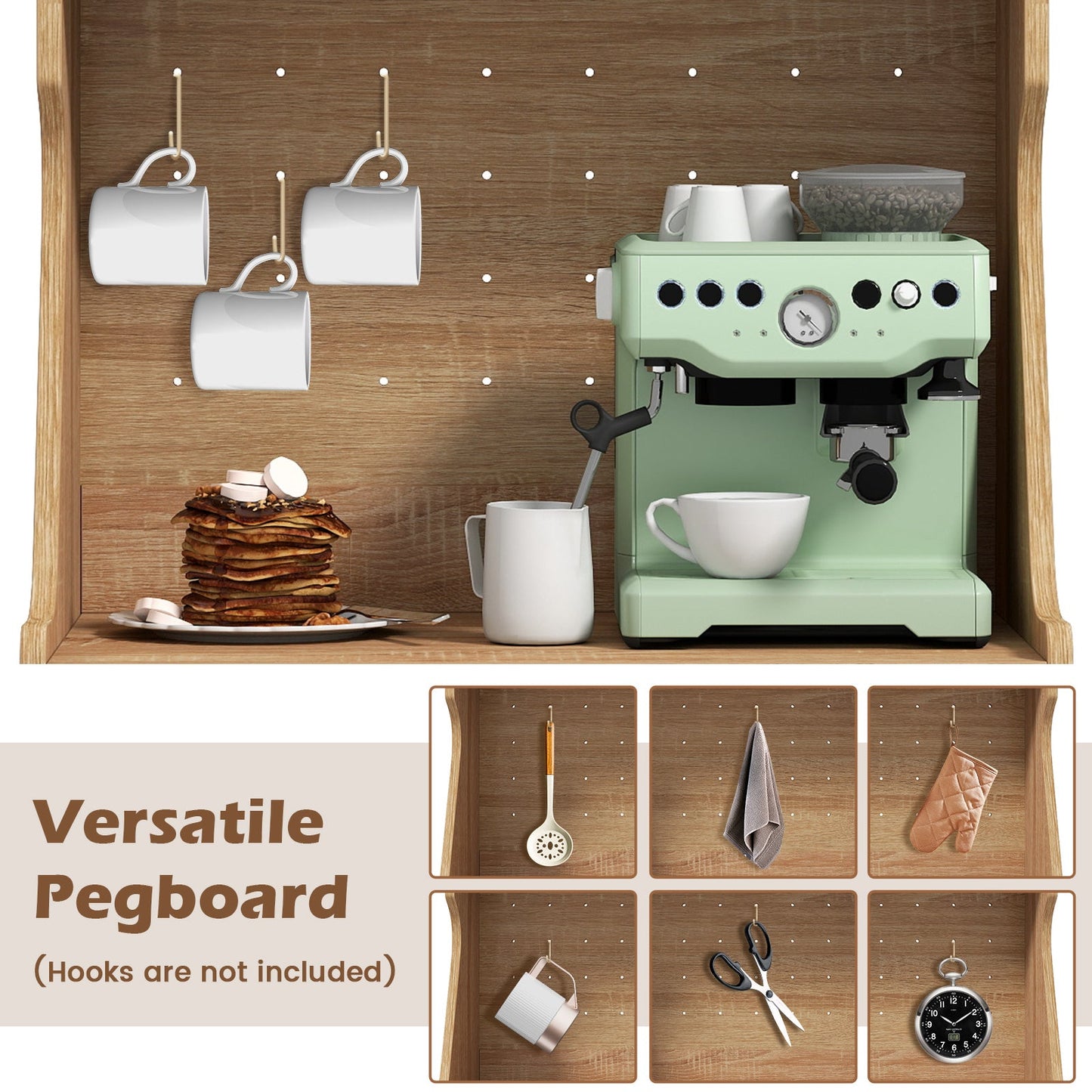 Coffee Bar Cabinet with Pegboard Storage Drawer and Adjustable Shelf-Oak showing pegboard and espresso machine setup