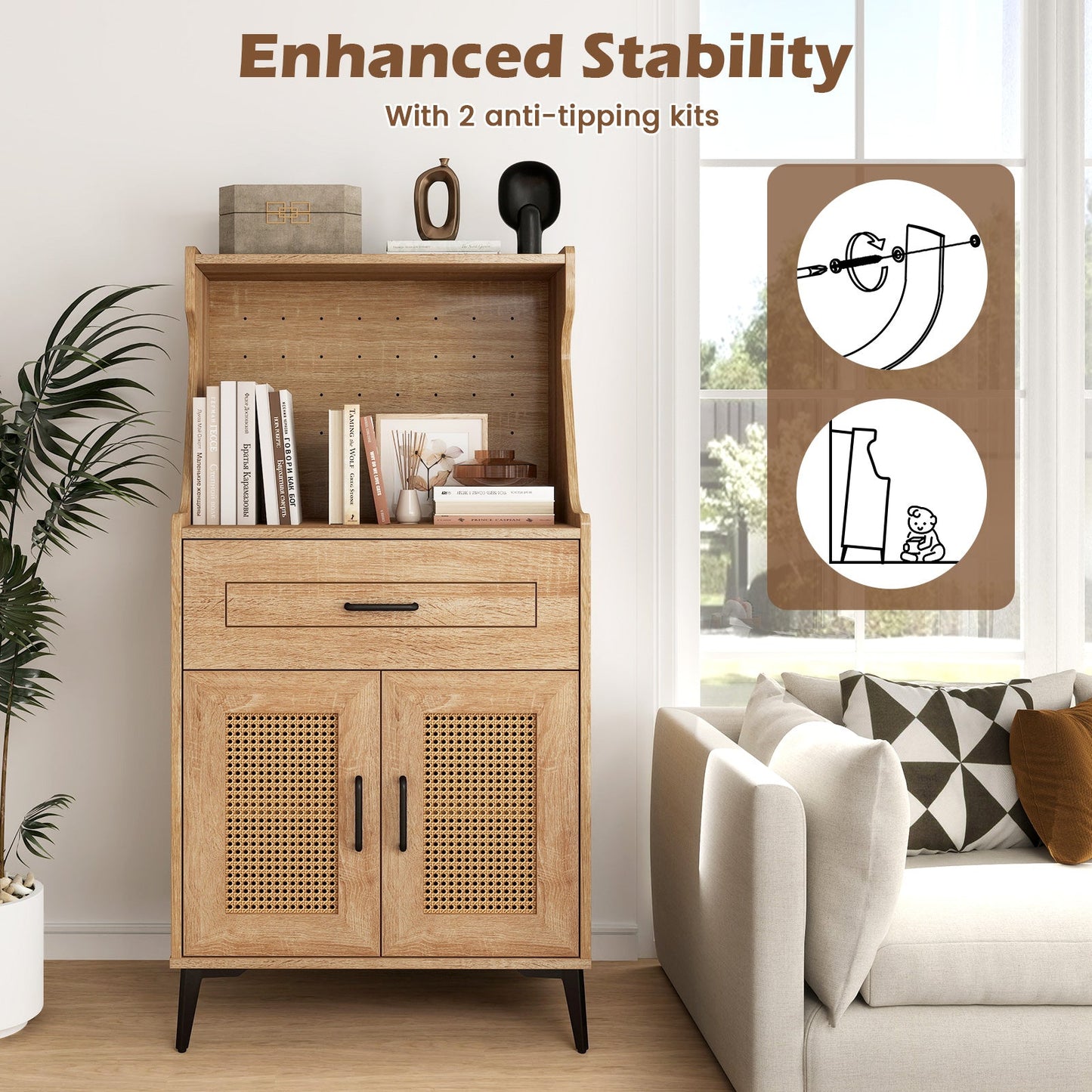 Coffee Bar Cabinet with Pegboard Storage Drawer and Adjustable Shelf-Oak shown with anti-tipping stability features