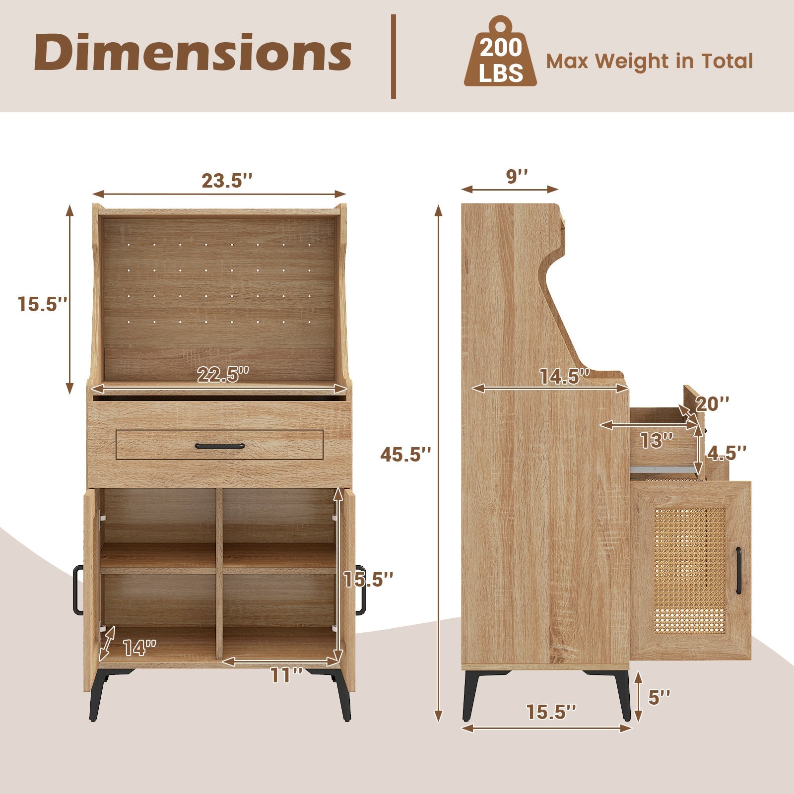 Dimensions of Coffee Bar Cabinet with Pegboard Storage Drawer and Adjustable Shelf-Oak showing side and front view measurements