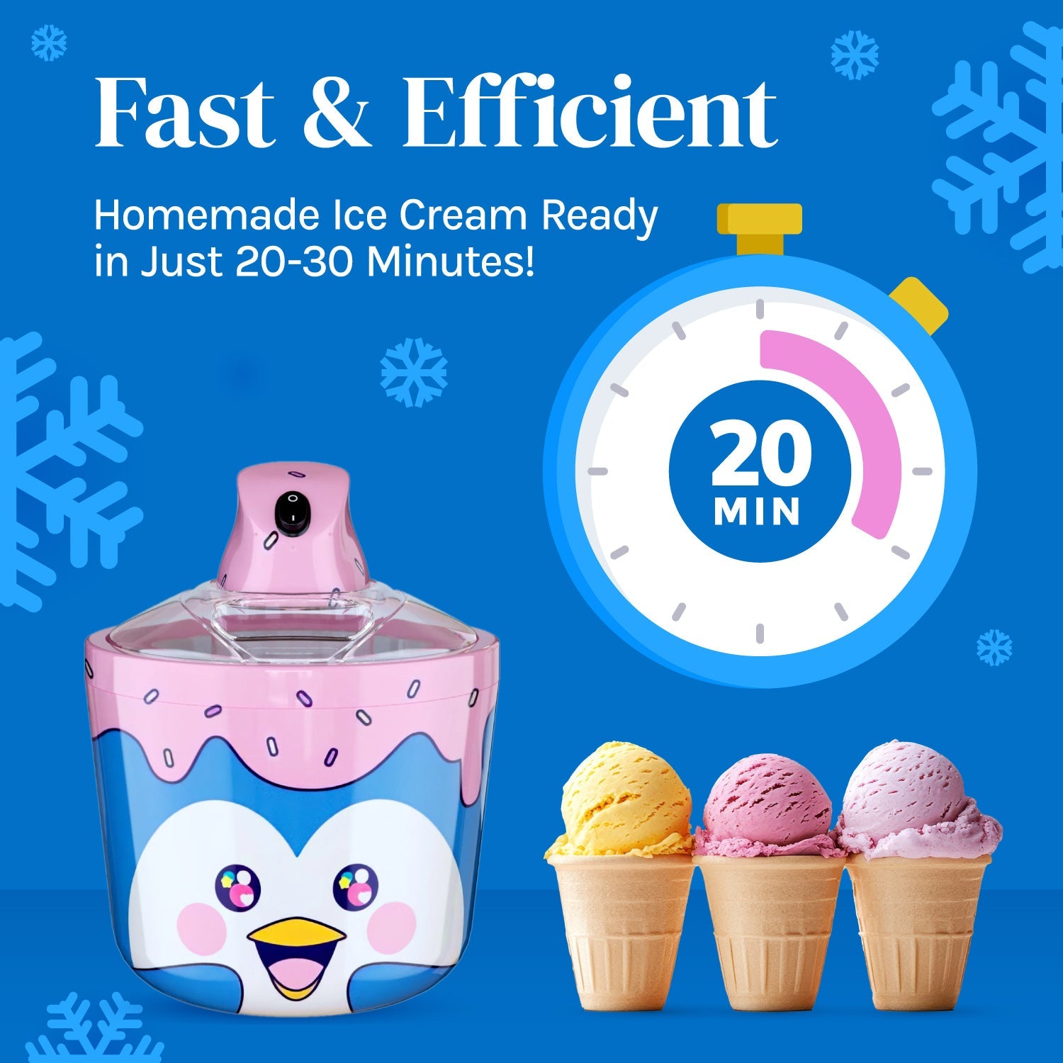 Ice Cream Maker Machine for Kids – 1.2 Quart Electric Ice Cream Makers with fun penguin design, quick 20-minute homemade treat.