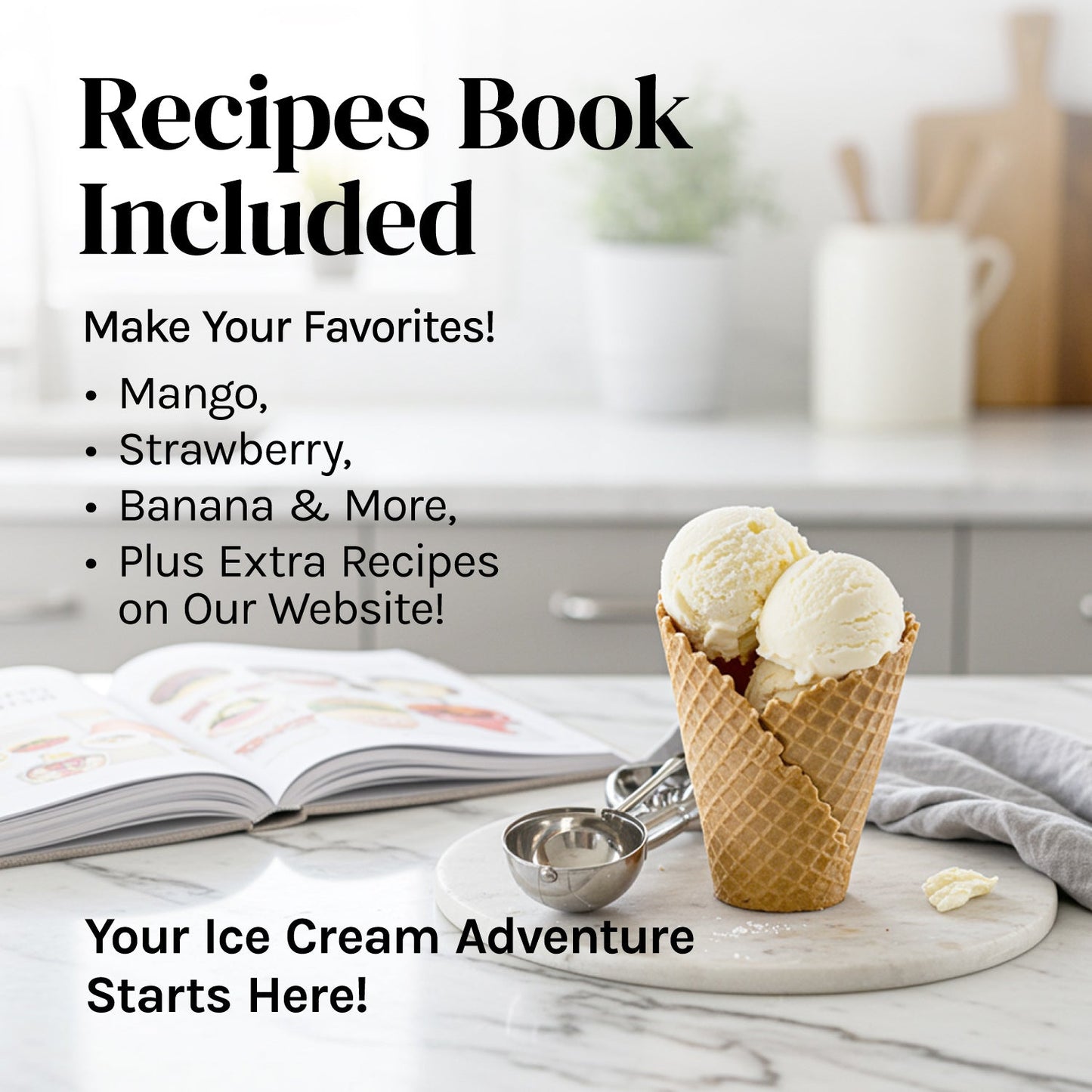 Ice Cream Maker Machine for Kids – 1.2 Quart Electric Ice Cream Makers with recipe book in kitchen setting