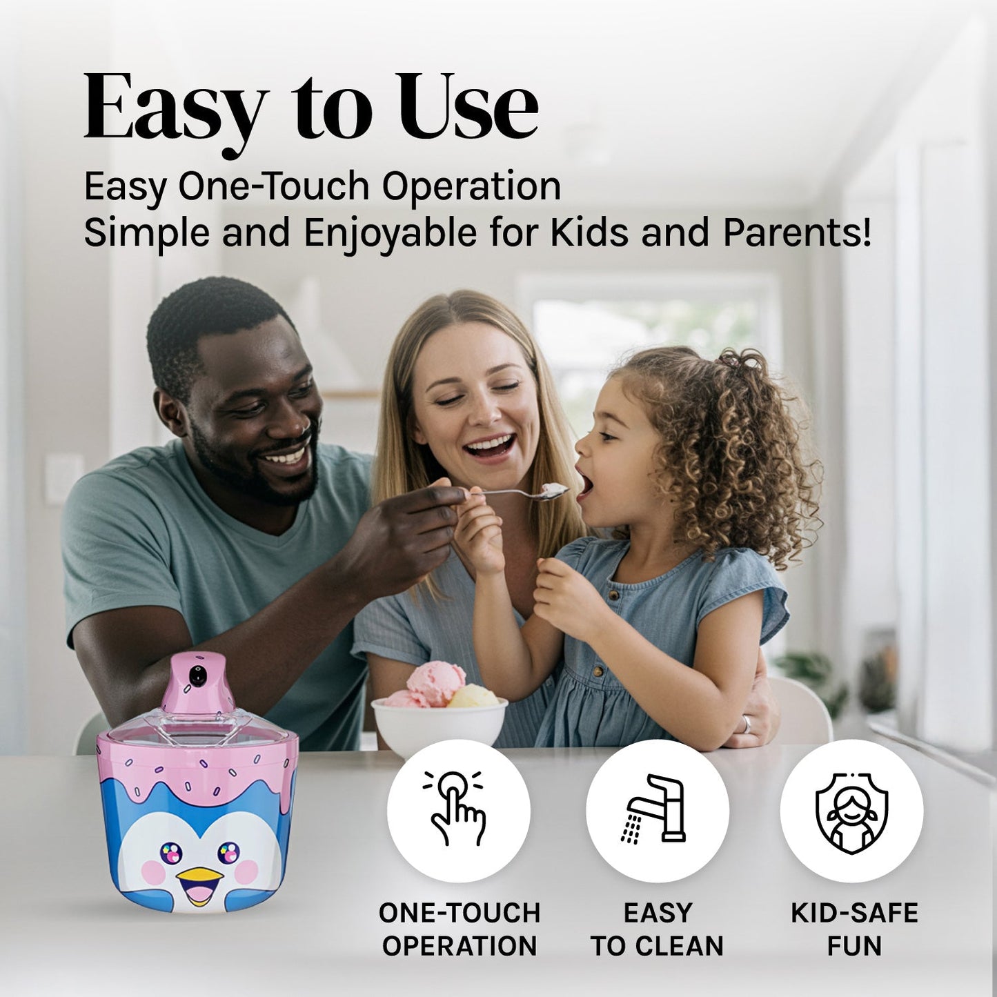 Family enjoying dessert with Ice Cream Maker Machine for Kids – 1.2 Quart Electric Ice Cream Makers in whimsical unicorn design.