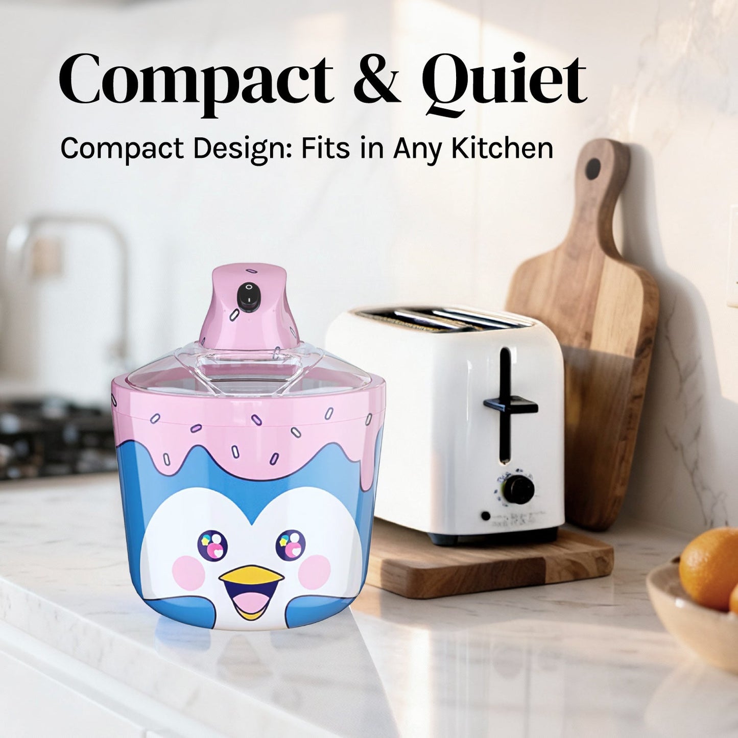 Ice Cream Maker Machine for Kids – 1.2 Quart Electric Ice Cream Makers in a whimsical unicorn design on a kitchen countertop.