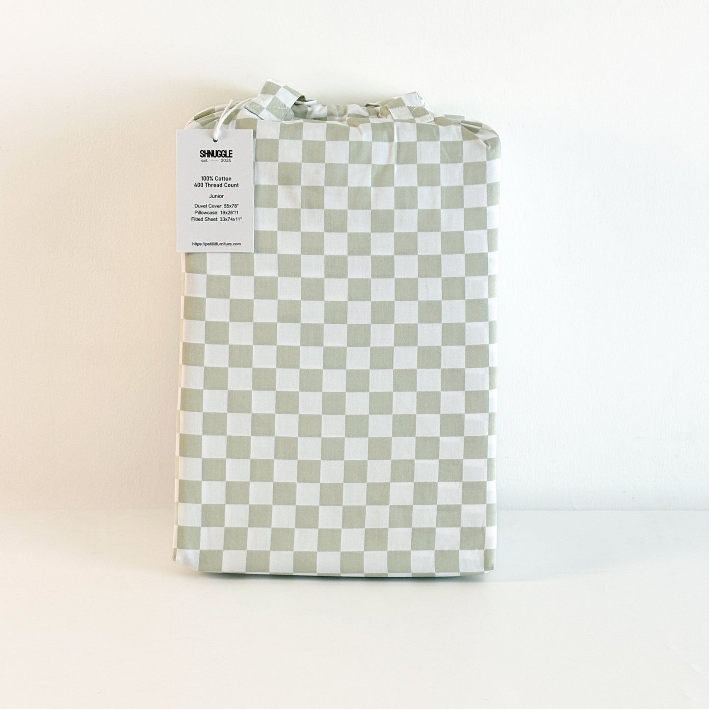 SHNUGGLE Bedding Set Sage Checker displayed against a white background, showcasing its soft, wrinkle-resistant 400-thread-count cotton.