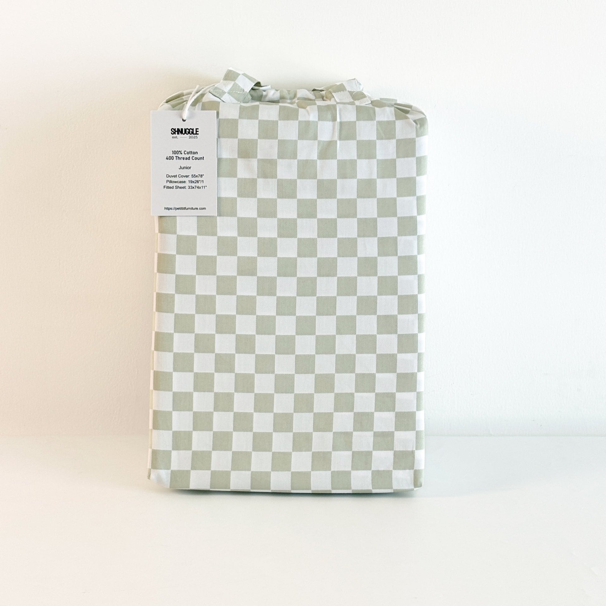 SHNUGGLE Bedding Set Sage Checker displayed against a white background, showcasing its soft, wrinkle-resistant 400-thread-count cotton.