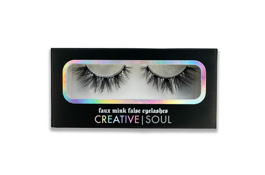 Coven fluffy faux mink false eyelashes in Creative Soul packaging, wispy and vegan, no animal products, cruelty-free