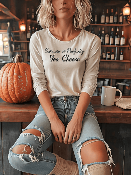 Woman wearing Serve Up Attitude Womens Jersey Long Sleeve Tee with Sarcasm or Profanity in a rustic setting.