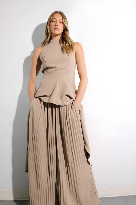 Escape to Milan Taupe Pleated Pants Set