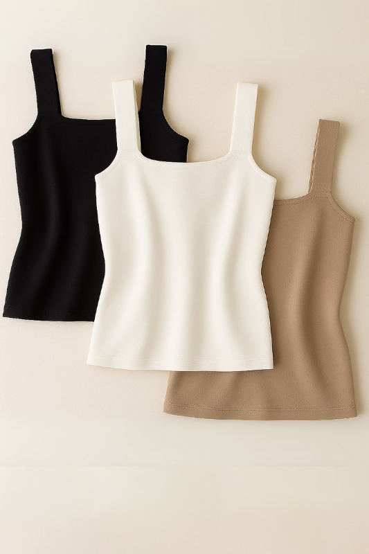 Sculpt Knit Tank Top in black, white, and beige by Luxe Basics with square-cut back and wide straps for chic minimalist styling.