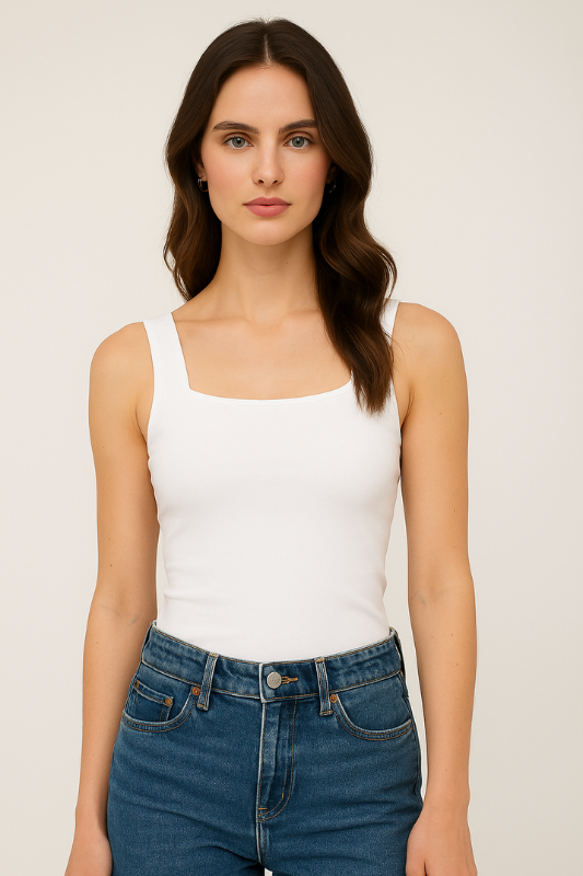 Model wearing Sculpt Knit Tank Top by Luxe Basics with wide straps and square back, paired with jeans, showcasing chic minimalist style.