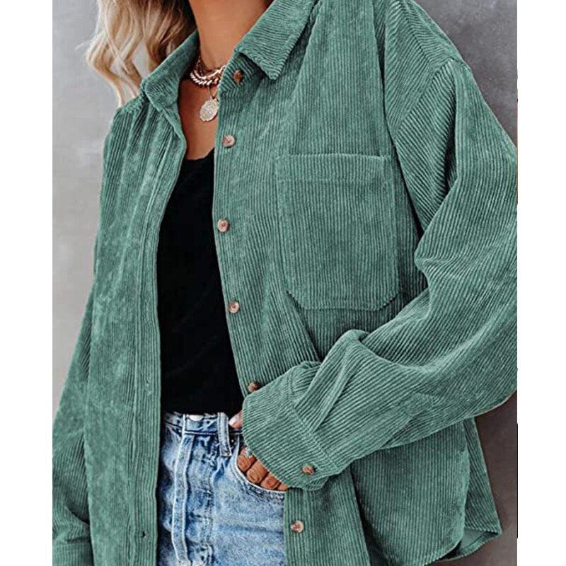 Corduroy Country Chic Shirt – Stylish Single-Breasted Cowgirl Shirt in green, worn casually with denim jeans.