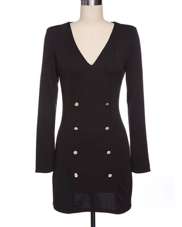 Sophisticated Black Gold Button Dress with long sleeves and luxurious gold buttons, perfect for formal occasions and stylish events.