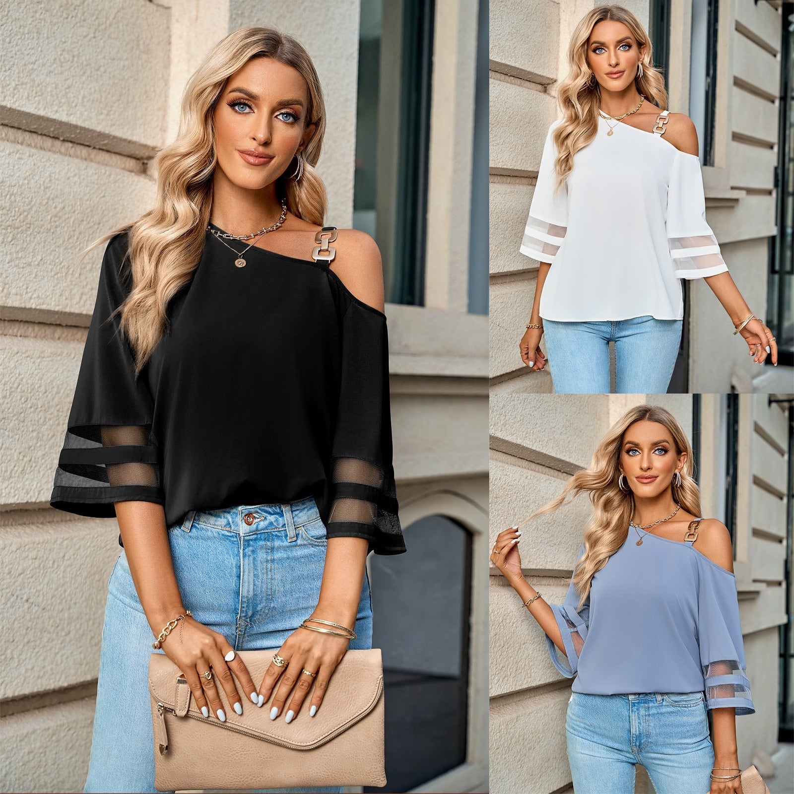 Western Chic One Shoulder Blouse with oblique collar and flared sleeves in black, white, and blue.
